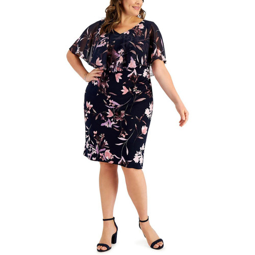 Connected Apparel Womens Plus Floral Print Knee-Length Sheath Dress Blue 14W