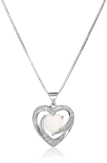 Amazon Collection womens Sterling Silver Created Opal and White Sapphire Open Heart Pendant Necklace, 18"