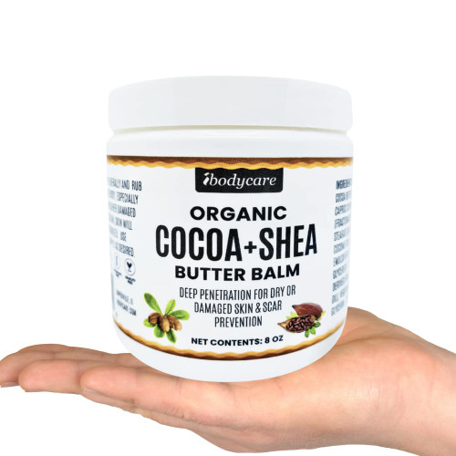 ibodycare Organic Raw Cocoa Butter Shea Butter Body Balm with Coconut Oil, 8 oz Unrefined Natural Body Butter Blend with Shea Butter Moisture for Women, Baby, Children, Men, All Body