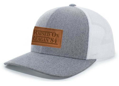 Heritage Pride Raised On Reagan '84 Reagan Bush Laser Engraved Leather Patch Mesh Back Trucker Hat, Heather Grey/White