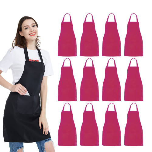 NOBONDO 12 Pack Bib Apron - Unisex Pink Apron Bulk with 2 Roomy Pockets Machine Washable for Kitchen Crafting BBQ Drawing