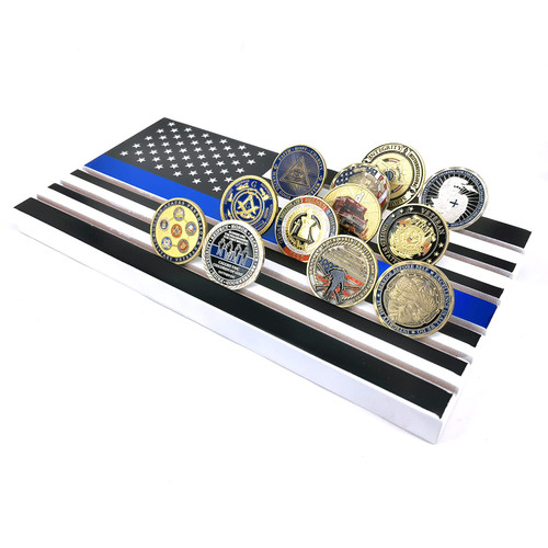 6 Row American Flag Coin Display Stand - Thin Blue Line Military Challenge Coin Display Case - Holds 42-46 Coins