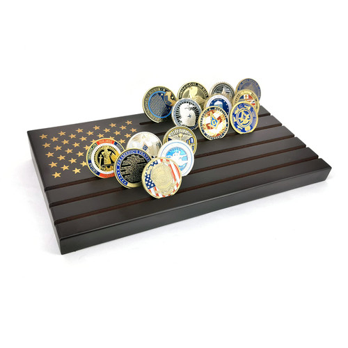 6 Rows Coin Holder, American Flag Wood Stand US Military Challenge Coin Display Case - Holds 42-46 Coins