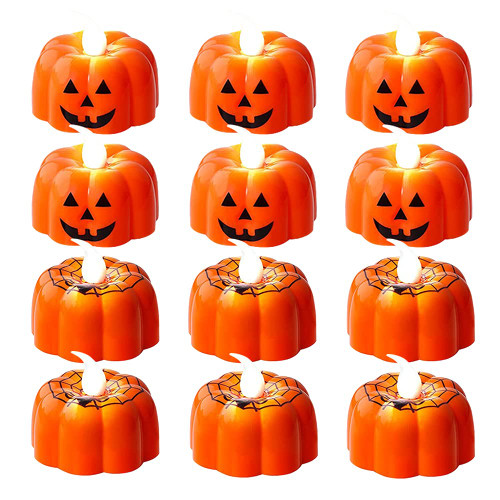 Halloween Pumpkin Candle Light, 12 Pieces Flameless Tea Light LED Candles with Ghost and Spider Web Patterns for Halloween Party Decoration