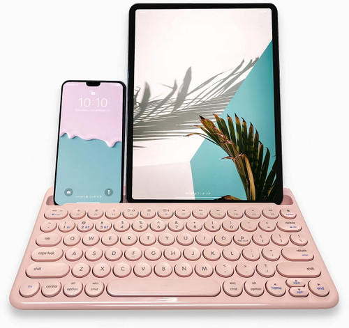 Macally Small Bluetooth Keyboard for Tablet and Phone - Multi Device Wireless Keyboard for iPhone iPad Android - Rechargeable Bluetooth Tablet Keyboard with Stand - Pink