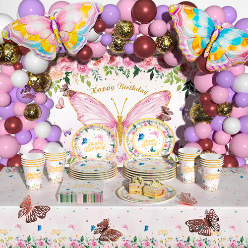 Butterfly Birthday Decorations Supplies - Serve 20 Include Plates,Napkins,Cups,Tablecloth,Birthday Backdrop Banner,Pink Balloon Arch for Girls Butterfly Party Decorations