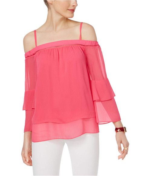 I-N-C Womens Tiered Off The Shoulder Blouse, Pink, Medium