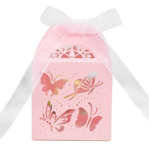 Katutude 50 Pack Butterfly Favor Boxes Candy Gift Boxes with Ribbons Wedding Party Favor Candy Boxes Birthday Party Baptism Party Favor Box for Bridal Shower Anniverary Wedding Favor Decoration, Pink