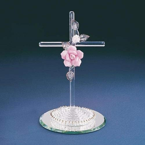 Glass Baron ~ Cross with Pink Rose Vine Glass Figurine Religious Gift