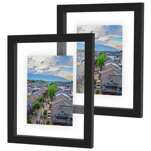 FIRMINANA 2 Pack 8x10 Floating Picture Frames,Display 2x3, 4x6, 5x7, 8x10 Full Display Without Floating, Solid Oak Frame and High Definition Double Glass, Black