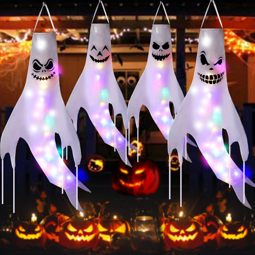 CHAHOT 4PCS Halloween Ghost Windsocks Hanging Decorations - 69 in LED Light up Hanging Ghost Halloween Decorations Outdoor with Tassels, Scary Waterproof Halloween Decorations for Party Yard Tree