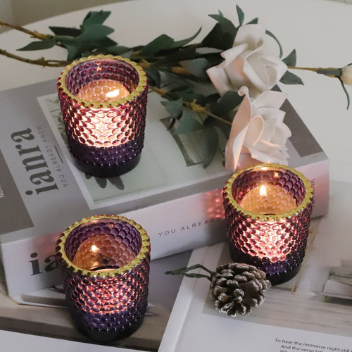 WOHO 24pcs Purple Tea Lights Candle Holder Bulk with Gold Rim, Glass Votive Candle Holders for Table Centerpiece, Tealight Candle Holder for Wedding Party, Birthday