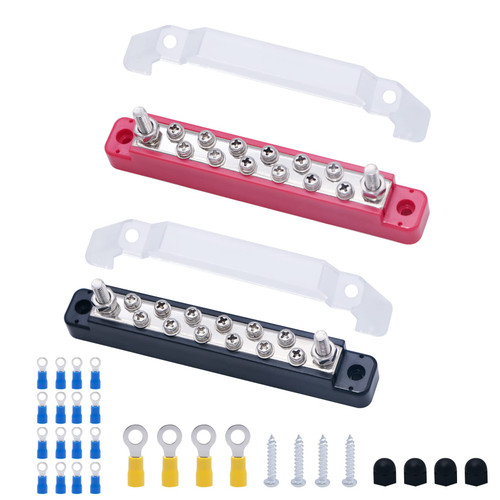 Power Distribution Block Bus Bar with Cover, Marine Bus Bar with 2 x 1/4" Posts and 12 x #8 Screws Terminals, Battery Terminal Distribution Block with Ring Terminals (Red, Black)
