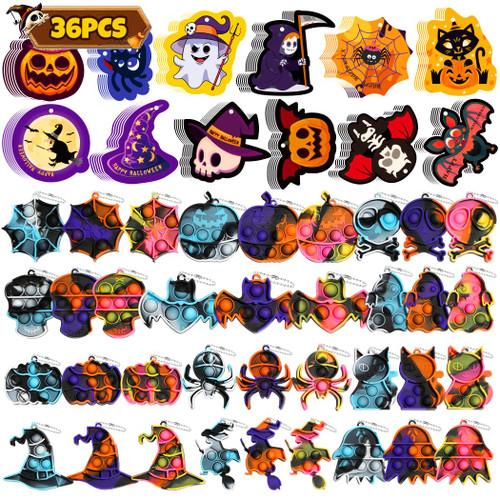 Oroalbb 36 Pcs Halloween Mini Pop Fidget Keychain Bulk, Halloween Party Favors for Kids, Halloween Toys Bulk with 36 DIY Cards, Halloween Prizes , Halloween Classroom Favors, Trick or Treat Toys