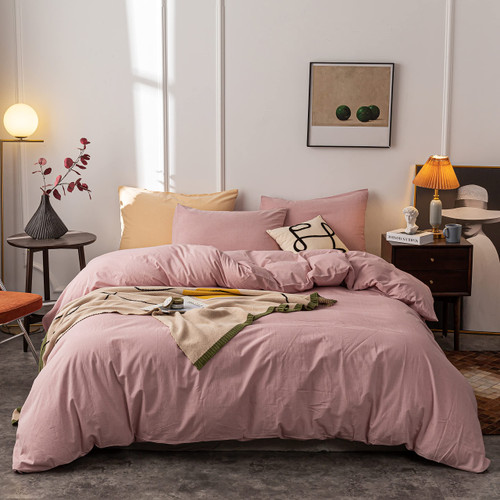 Janlive Washed Cotton Duvet Cover Queen Ultra Soft 100% Cotton Solid Color Dusty Pink Duvet Cover Set with Zipper Closure -3 Pieces Pink Queen
