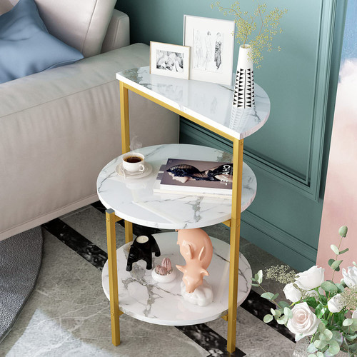 AWQM 3 Tier White and Gold Side Table, Faux Marble End Table Small Round Bedside Table Nightstand w/Metal Frame,Modern Corner Table Coffee Table for Living Room Bedroom