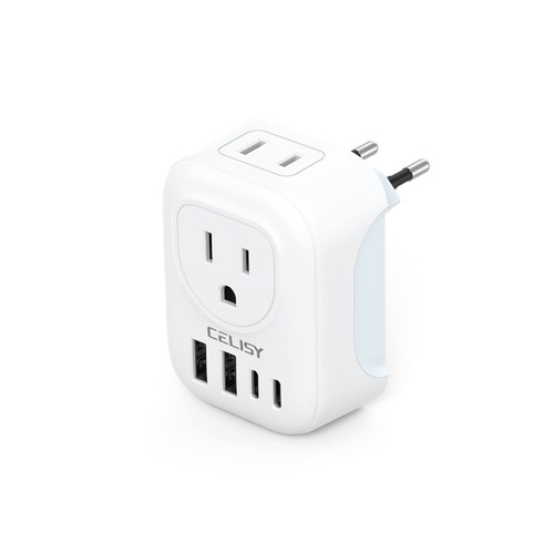 European Travel plug adapter, CELISY International plug adapter with 2 AC Outlets 4 USB Ports(2 USB C), Type C Travel Essentials for US to Most Europe France Germany Italy Spain European Travel plug adapter, CELISY International plug adapter with 2 AC Outlets 4 USB Ports(2 USB C), Type C Travel Essentials for US to Most Europe France Germany Italy Spain