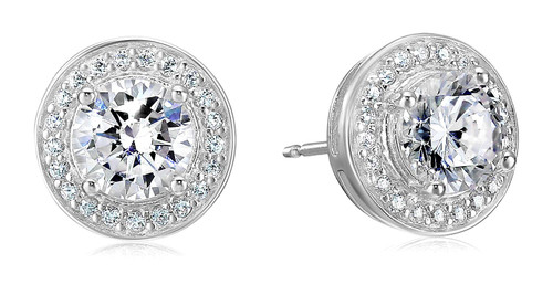 Amazon Essentials Sterling Silver Cubic Zirconia Halo Stud Earrings,Rhodium Over Sterling Silver