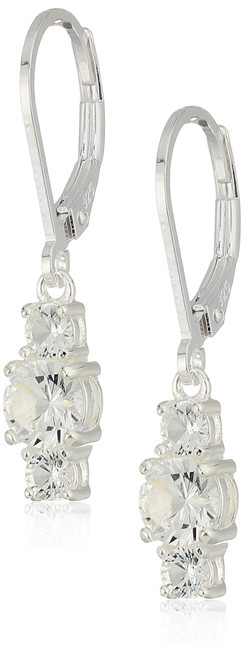 Amazon Collection Sterling Silver Created White Sapphire 5mm and 3mm Three Stone April Birthstone Leverback Dangle Earrings