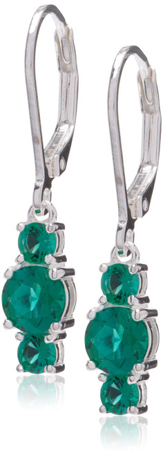 Amazon Collection Sterling Silver Created Emerald 5mm and 3mm Three Stone May Birthstone Leverback Dangle Earrings