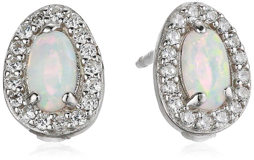 Amazon Collection Rhodium Plated Sterling Silver Created Opal and Cubic Zirconia Halo Earrings