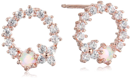 Amazon Collection 14K Rose Gold Over Sterling Silver Created Opal and Cubic Zirconia Stud Demi Fine Earrings
