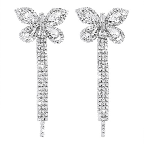 fdsmall Earrings for Women Rhinestone Butterfly Dangle Earrings Long Tassel Sparkly Butterfly Drop Ear Studs Cubic Zirconia Crystal Dangle Fairy Earrings Jewelry for Women Girls(Silver)