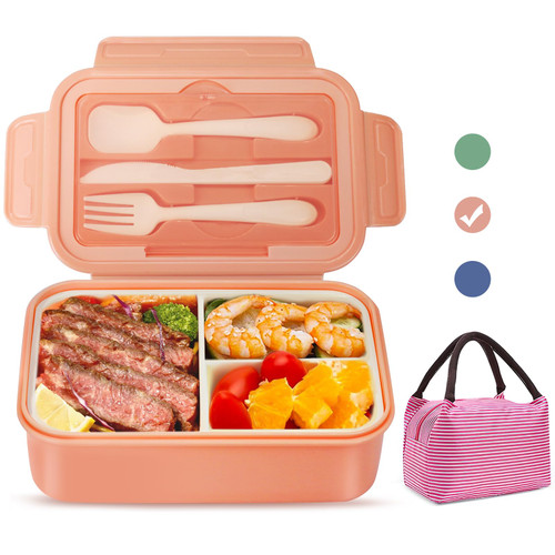 Landmore Bento Box Lunch Box for Kids Adults, 1100 ML Bento Lunch Box for Kids 3 Compartments with Utensils and Lunch Bag, Leakproof BPA Free(Pink)