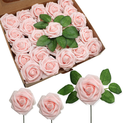 JOYLEX Artificial Flowers Realistic Roses, 50pcs Real Looking Fake Roses with Stem for DIY Wedding Bouquets Centerpieces Bridal Shower Party Home Romantic Decorations (Light Pink)