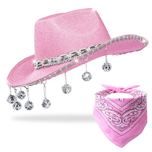 JIANGLAI Pink Disco Cowgirl Hat with Bandana,Glitter Rhinestone Disco Ball Cowboy Hat for Women Men Costume Cosplay (Pink) JIANGLAI Pink Disco Cowgirl Hat with Bandana,Glitter Rhinestone Disco Ball Cowboy Hat for Women Men Costume Cosplay (Pink)