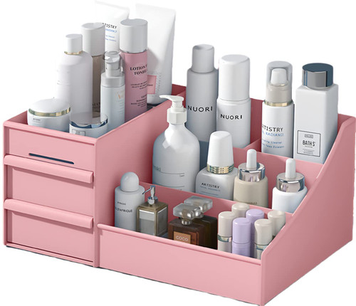 XIOU Makeup Desk Organizer with Drawers - Countertop Organizer for Cosmetics, Vanity Holder for Lipstick, Brushes, Lotions, Eyeshadow, Nail Polish and Jewelry (Pink) XIOU Makeup Desk Organizer with Drawers - Countertop Organizer for Cosmetics, Vanity Holder for Lipstick, Brushes, Lotions, Eyeshadow, Nail Polish and Jewelry (Pink)