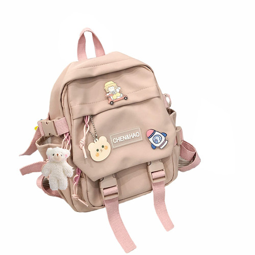 PEXIZUAN kawaii backpack girl school bag waterproof nylon with kawaii pendant cute pin mini backpack(pink)