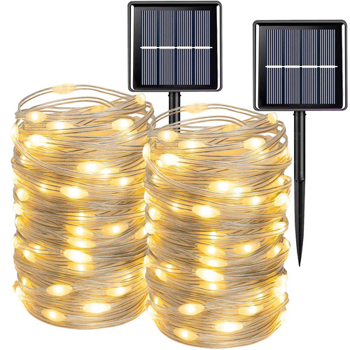 QITONG 2 Pack Upgraded PVC Solar Fairy Lights, Each 33ft 100 LED Warm White Solar String Lights Outdoor Waterproof, 8 Modes Solar Christmas Twinkle Lights