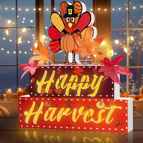 Dr.BeTree Fall Decor Wooden Light Up Table Signs with LEDs Battery Operated Happy Harvest Thanksgiving Decor for Indoor Table Mantel Tiered Tray Decor Farmhouse Tabletop Decor Fall Harvest Decorations