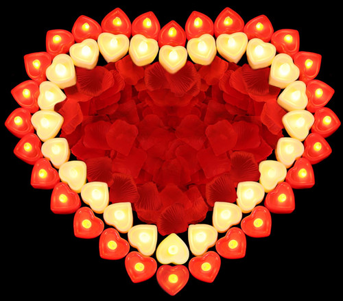 JEFHOMKIT 3000 Pieces Artificial Rose Petals with 36Pcs Heart Shaped LED Candles,Rose Petals for Romantic Night,Flameless Love LED Tea Lights Candles for Romantic Night Valentine's Day Table Decor