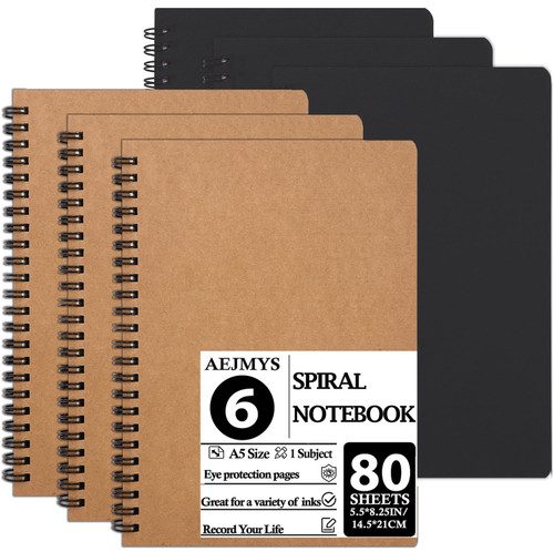 Aosmeol Spiral Notebook,6 Pack A5 Lined Notebooks,Hardcover Spiral Journal Notebook,80 Sheets -160 Pages Journals for Study and Notes,8.3 inch x 5.5 inch (Black+Brown)