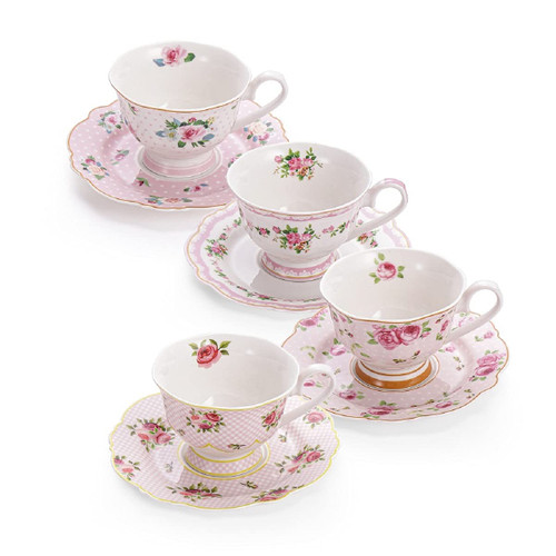 PULCHRITUDIE Porcelain Teacup and Saucer Set Pink Color Rose Floral Design, Set of Four