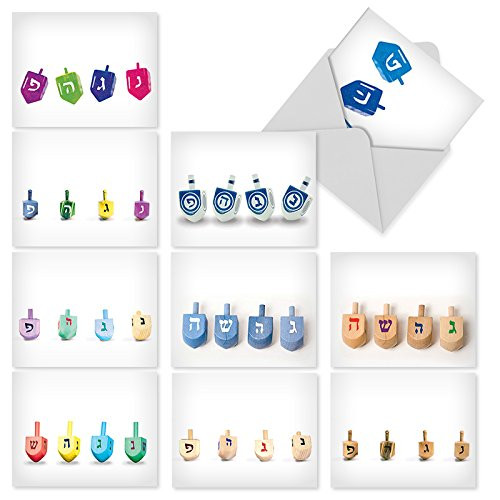 10 Boxed 'Great Dreidels' Assorted Hanukkah Note Cards (Size 4 x 5.12 Inch) w/Envelopes - Featuring the Traditional Jewish Spin Top Game - Happy Holidays & Religious Season Greetings M5008