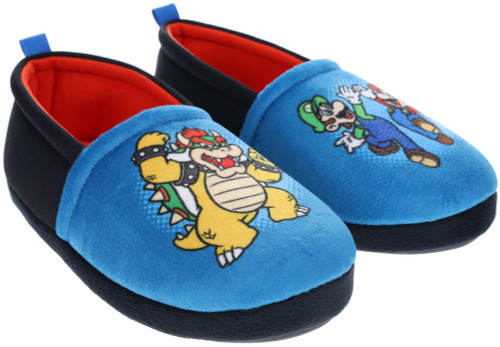 Super Mario Slippers for Kids, A-Line Mismatch Slippers, Mario, Luigi, and Bowser, Blue, Big Kid Size 3/4