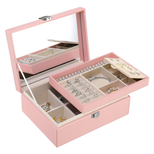 Emibele Jewelry Boxes for Women, 2-Layer Jewelry Organizer Box with Large Mirror, PU Leather Jewelry Storage with Lockable Design, Jewelry Case for Earring, Ring, Bracelet, Necklace, Pink Emibele Jewelry Boxes for Women, 2-Layer Jewelry Organizer Box with Large Mirror, PU Leather Jewelry Storage with Lockable Design, Jewelry Case for Earring, Ring, Bracelet, Necklace, Pink