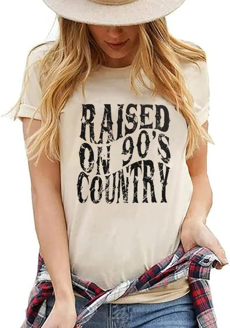 HEYO, Women Raised On 90s Country Shirts Country Music Tshirt Concert Tee Vintage Casual Short Sleeve Western Top Blouse, Beige-01, Medium