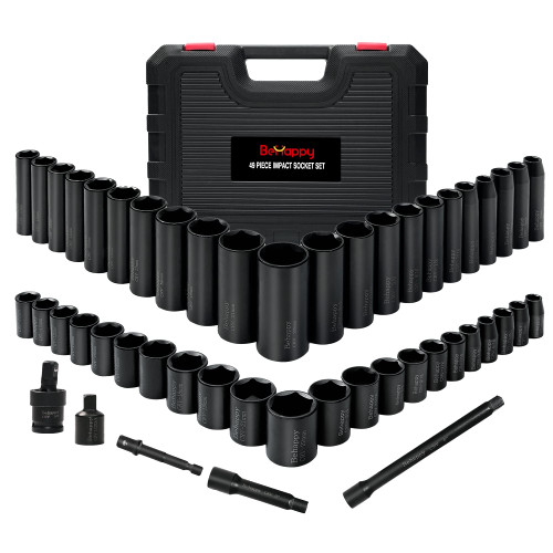 BeHappy 3/8" Drive Impact Socket Set, 49Pcs Socket Set, Impact Socket Set includes Metric (8-22mm) and SAE (5/16"-3/4") Socket Set, Deep/Standard, Cr-V, 6 Point,Extension Bars,Universal Joint,Adaptor