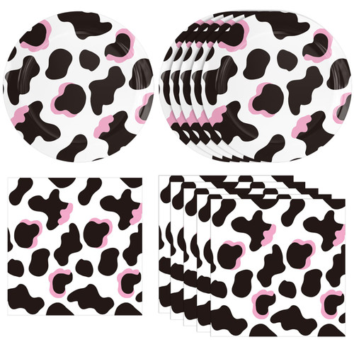 40PCS Cow Print Party Supplies Pink Cow Print Party Supplies Tableware Included Cow Print Plates and Napkins Serves for Girl Boy Cow Theme Farm Animal Birthday Baby Shower Decorations
