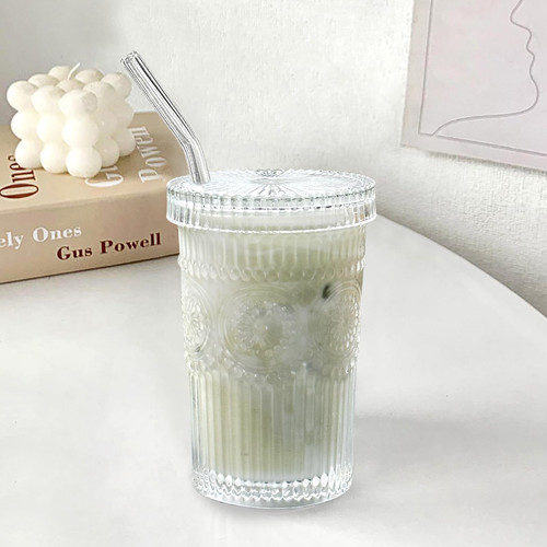 YAHUIPEIUS Glass Tumbler Stripe Vintage Drinking Glass Cup Coffee Cup With Lid and Straw Drinking Glasses for Water,Iced Coffee,Milk,Tea,Juice (B-Vintage)
