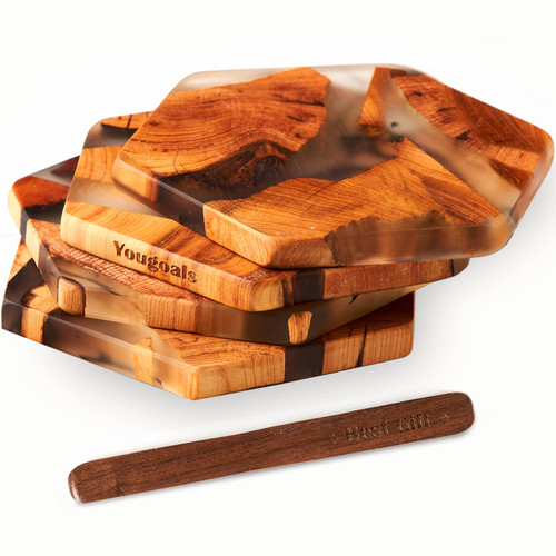 Yougoals Wooden Coasters for Drinks, Wood Epoxy Coasters Set of 4, Hexagon Modern Coasters, Resin Cedar Wood Coaster, Wooden Coaster for Wooden Table Coffee Table