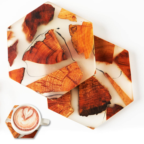 Yougoals Wooden Coasters for Drinks, Wood Epoxy Coasters Set of 2, Resin Cedar Wood Coaster, Hexagon Modern Coasters, Wooden Coaster for Wooden Table Coffee Table