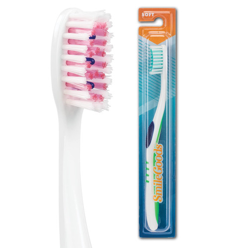 SmileGoods A386 Toothbrush, 38 Tuft, Soft Bristles, with Built-in Cheek & Tongue Cleaner, 72 Individually Packaged Premium Toothbrushes, Assorted Colors Bulk Pack