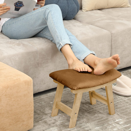 HOUCHICS Foot Stool Ottoman, Foot Stool Small, Foot Stool Under Desk, Wood Foot Stool for Living Room and Kitchen (Wood Legs-Brown Cover)
