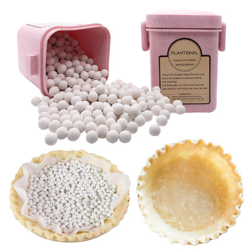 PLANTIONAL Pie Weights For Baking: 1.32 LB 10mm Baking Ceramic Beans Pie Crust Weights With Wheat Straw Container For Blind Baking Pastry(Pink)