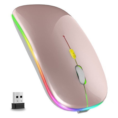 GLOBAL TECH LED Wireless Mouse, Slim Rechargeable Wireless Silent Mouse, 2.4G Portable USB Optical Wireless Cordless Mice with USB Receiver for Laptop, PC, Computer, Mac (Rose Gold)